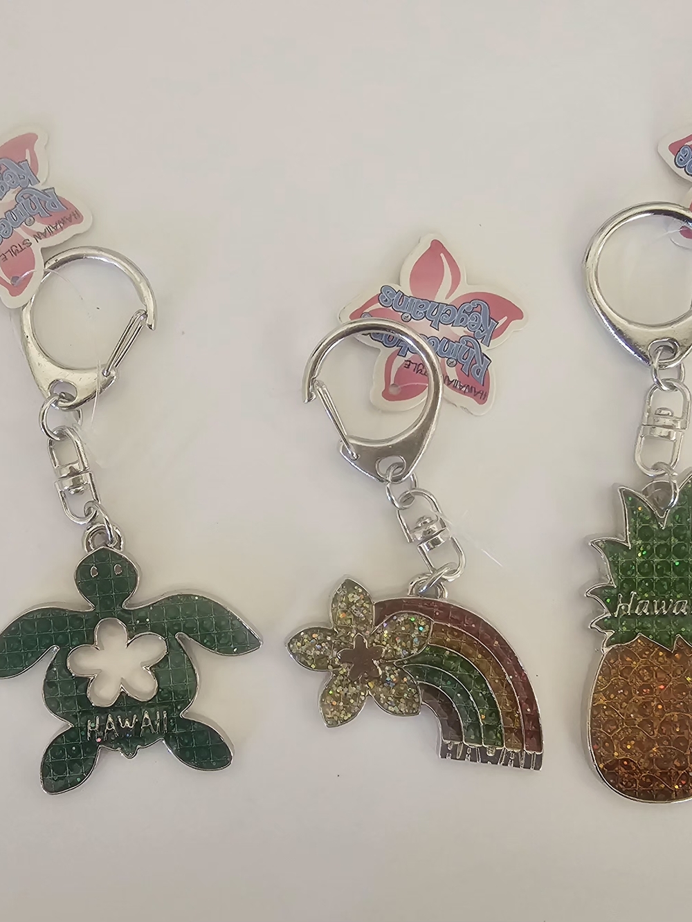 Hawaii Glitter Plumeria, Turtle, Rainbow, Cocount Tree & Pineapple Keychain Set